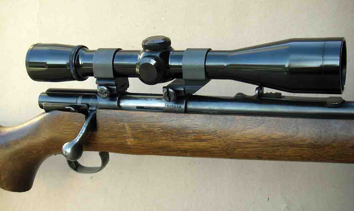 Weaver detachable mounts have been in use for decades. They provide stress-free mounting and are lightweight, strong and easily detached. This example on a Winchester Model 43 .218 Bee has an extended front ring.